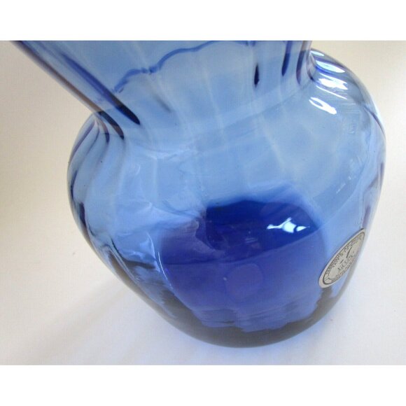 Vitro Mosa Mexican Hand Blown Navy Blue Art Glass Vase - Etched Rim - Vintage - Picture 9 of 11